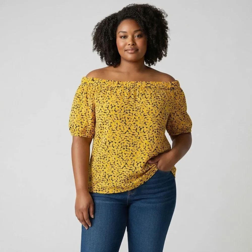 MICHAEL Michael Kors Yellow Floral Off-Shoulder Blouse 3/4 Quarter Sleeve XL